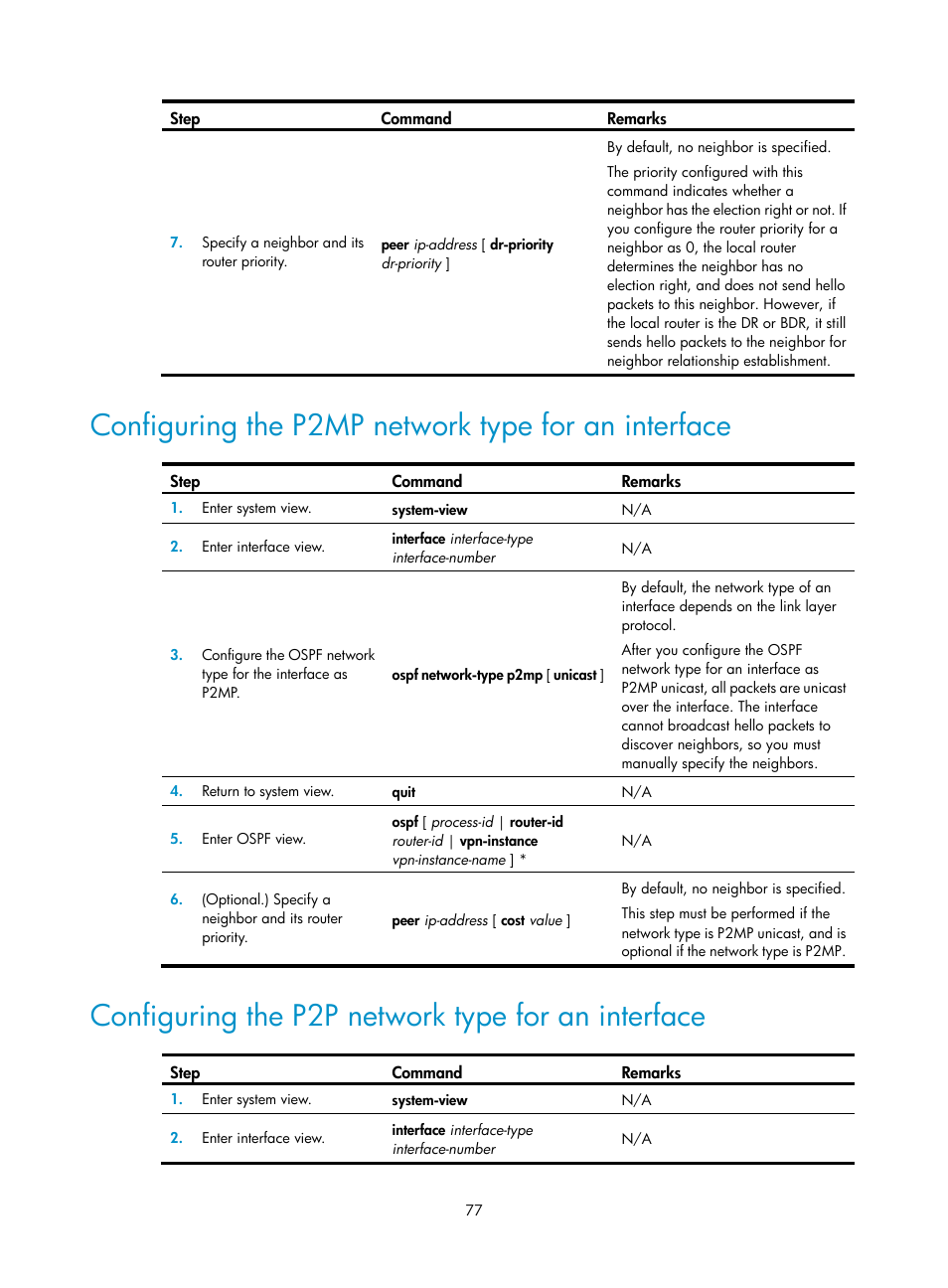 Configuring the p2mp network type for an interface, Configuring the p2p network type for an interface | H3C Technologies H3C S5560 Series Switches User Manual | Page 93 / 510