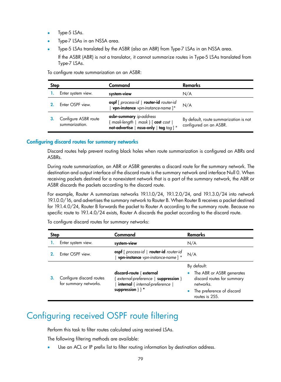 Configuring discard routes for summary networks, Configuring received ospf route filtering | H3C Technologies H3C S5560 Series Switches User Manual | Page 95 / 510