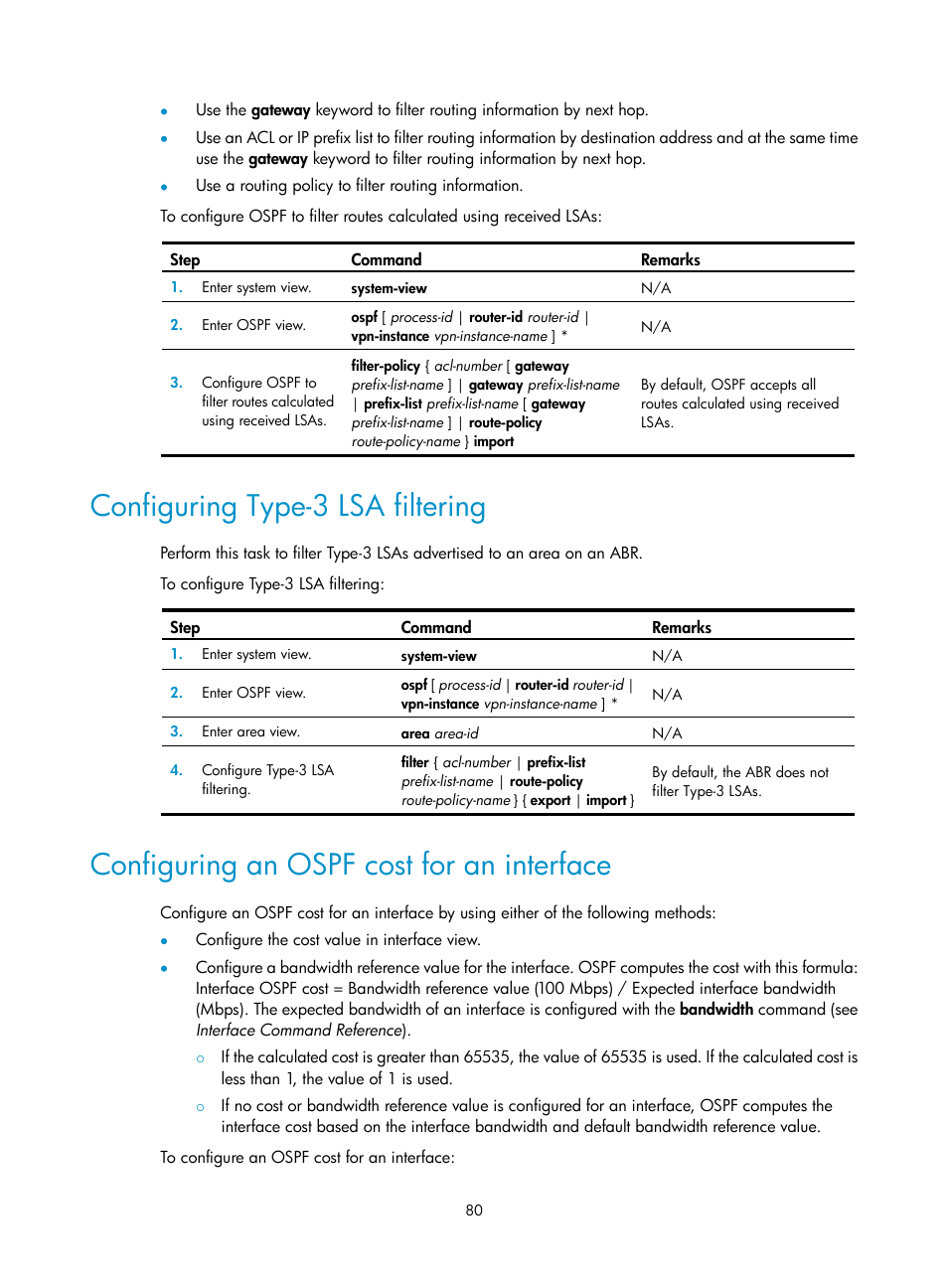 Configuring type-3 lsa filtering, Configuring an ospf cost for an interface | H3C Technologies H3C S5560 Series Switches User Manual | Page 96 / 510