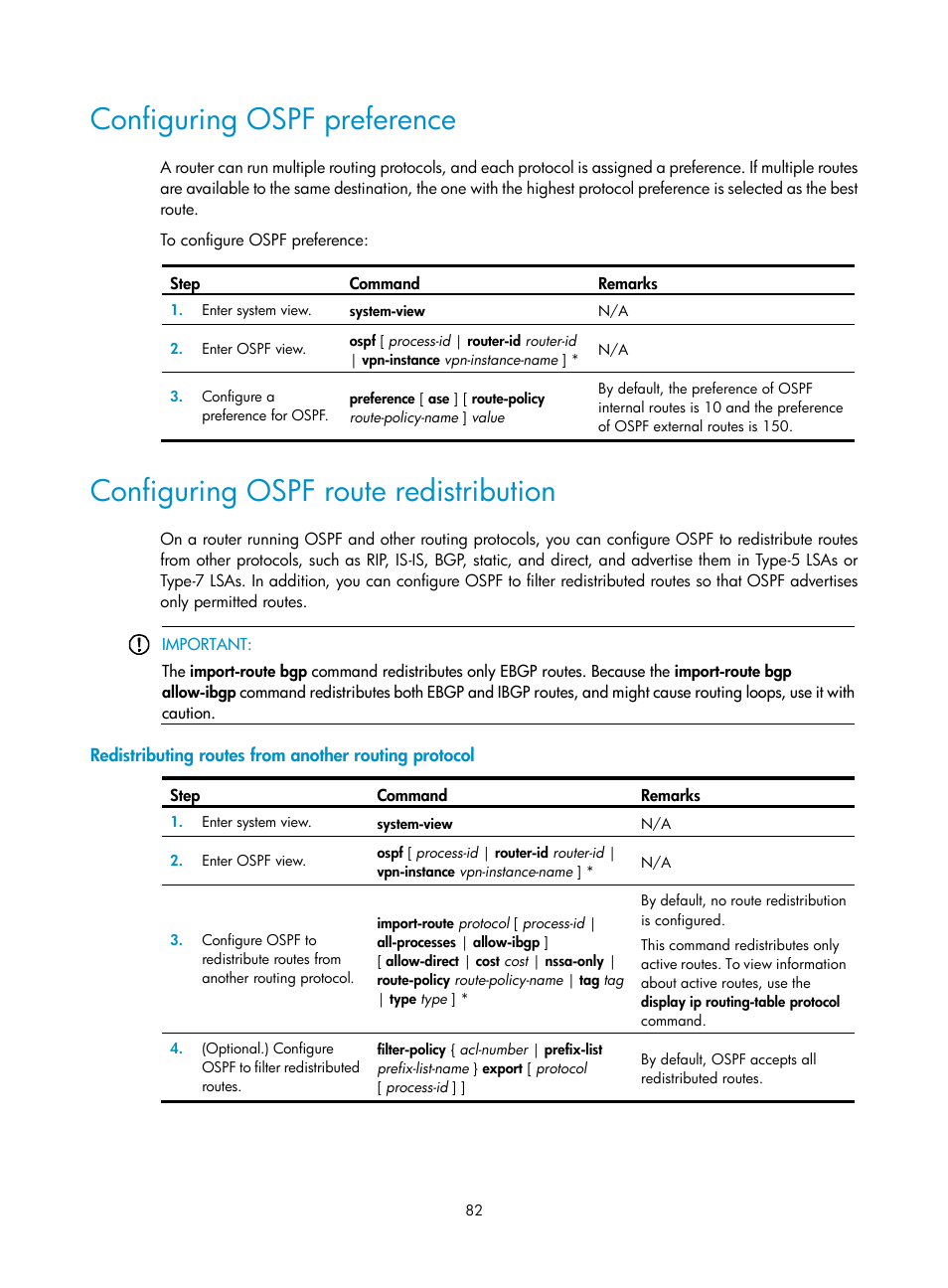 Configuring ospf preference, Configuring ospf route redistribution | H3C Technologies H3C S5560 Series Switches User Manual | Page 98 / 510