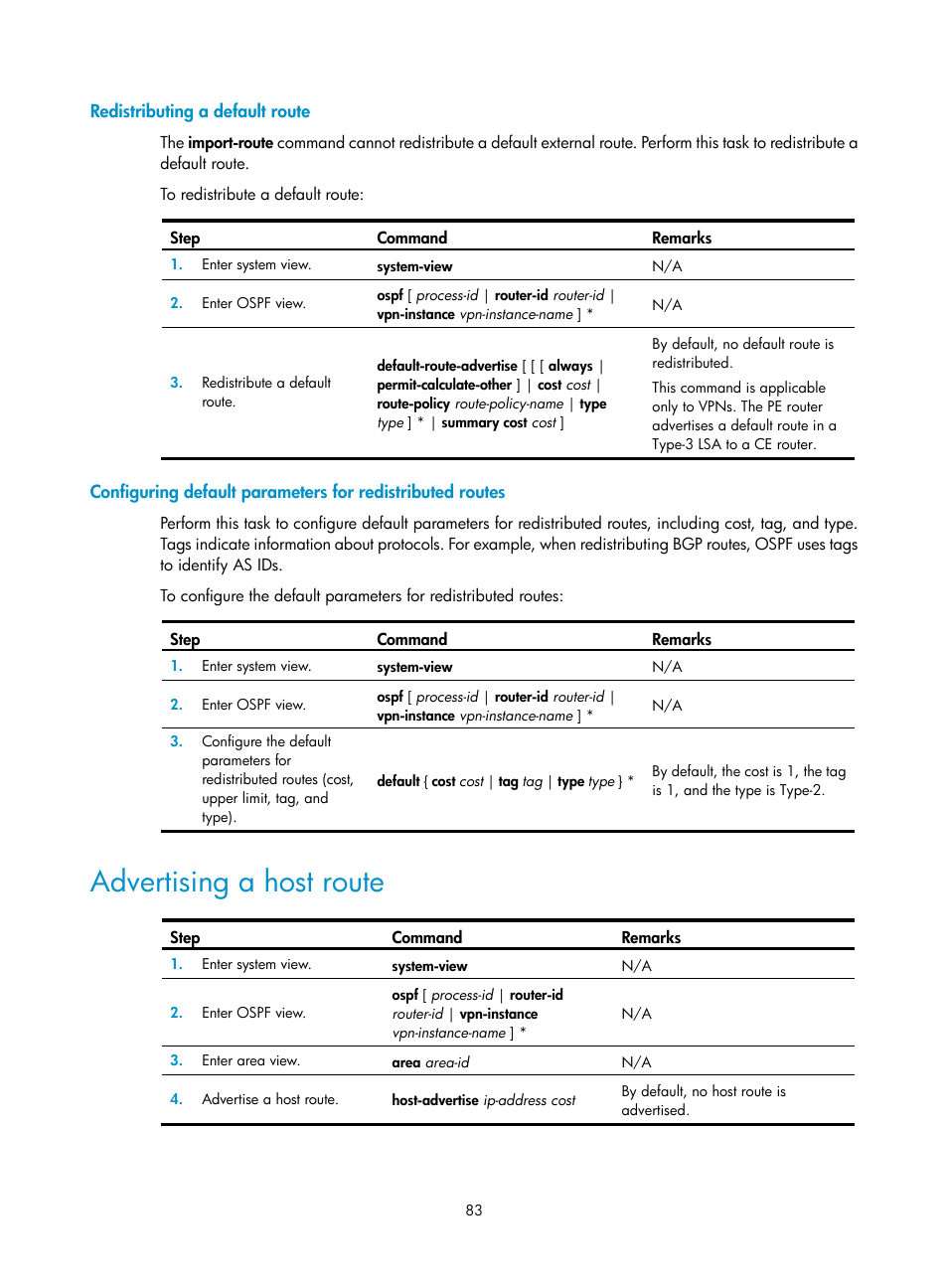 Redistributing a default route, Advertising a host route | H3C Technologies H3C S5560 Series Switches User Manual | Page 99 / 510