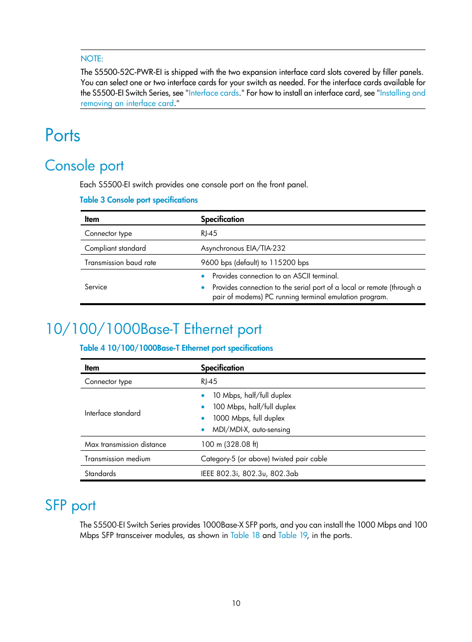 Ports, Console port, 10/100/1000base-t ethernet port | Sfp port | H3C Technologies H3C S5500 Series Switches User Manual | Page 18 / 69