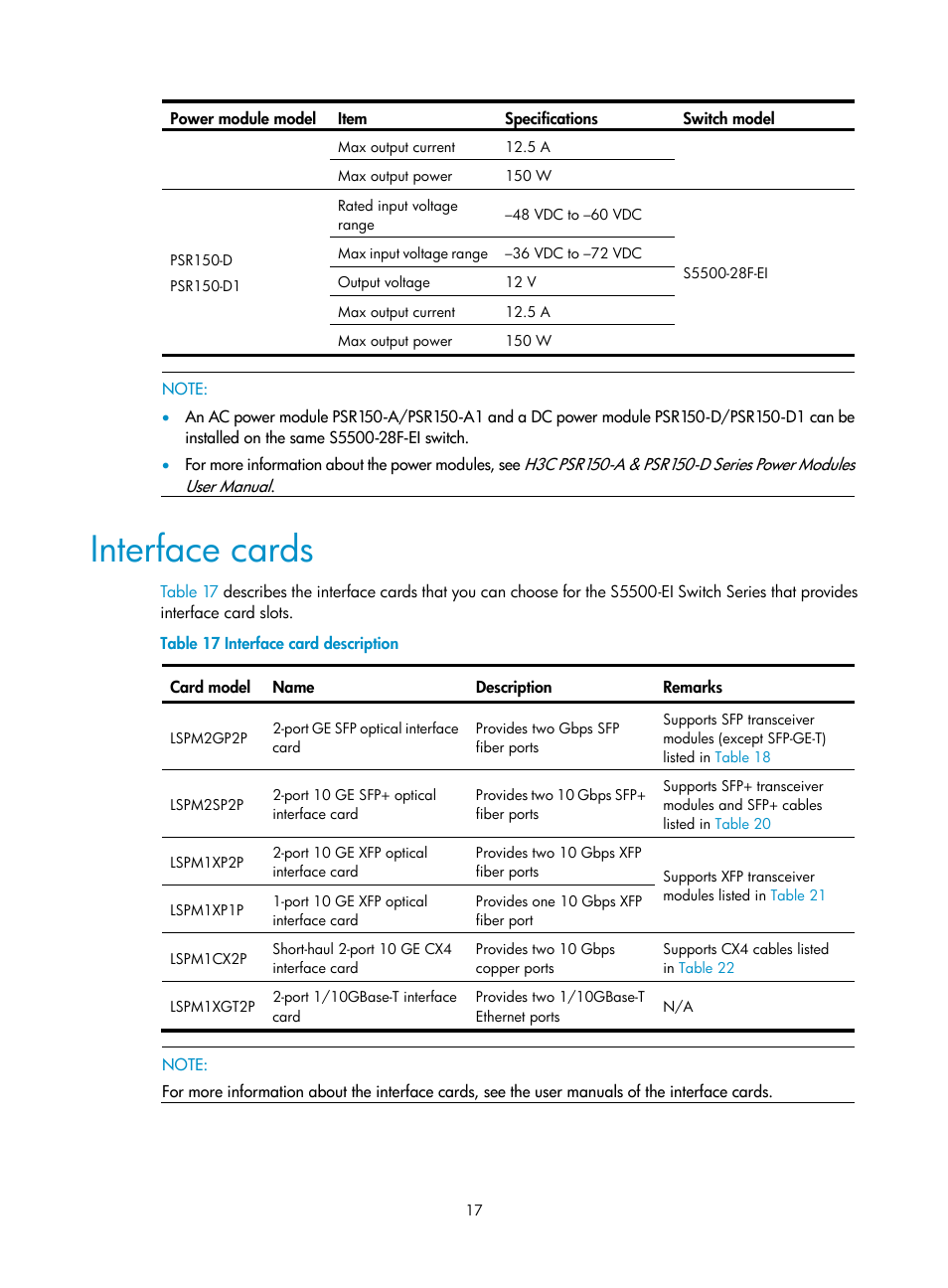 Interface cards, Switch series, see | H3C Technologies H3C S5500 Series Switches User Manual | Page 25 / 69