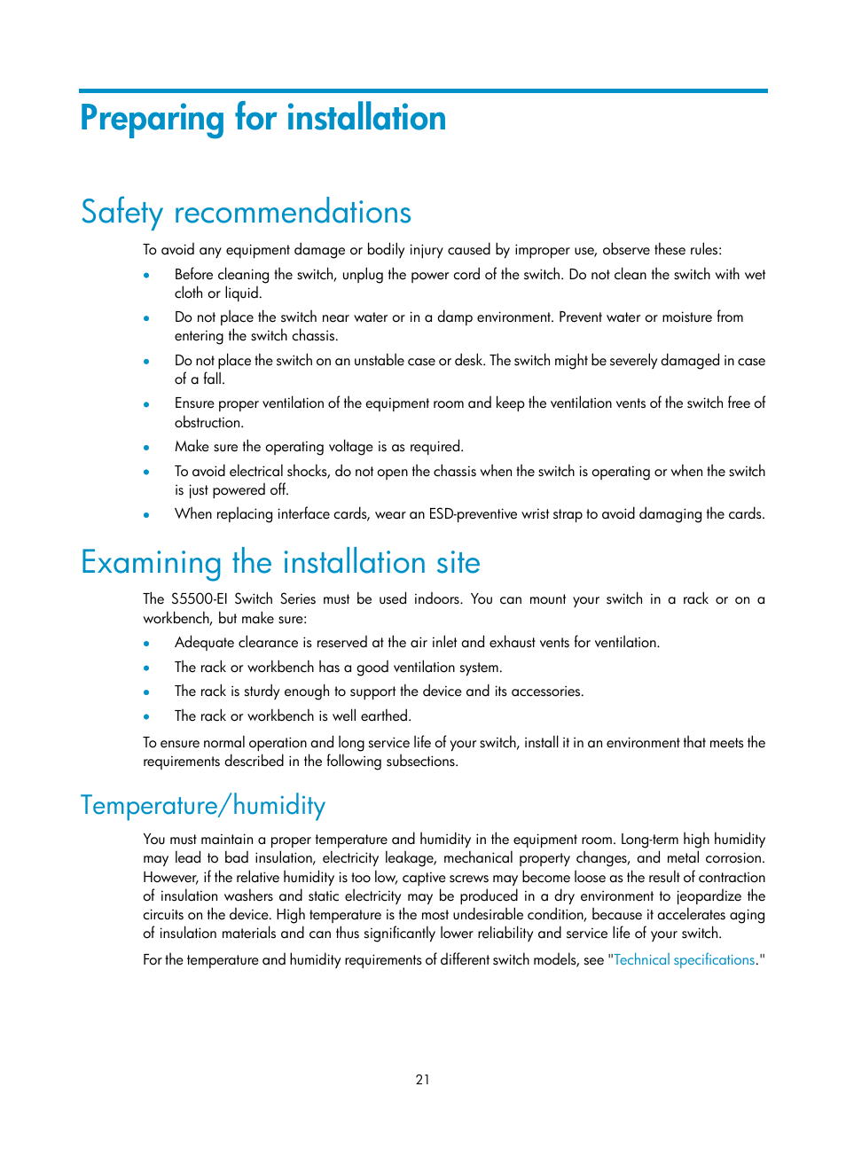 Preparing for installation, Safety recommendations, Examining the installation site | Temperature/humidity | H3C Technologies H3C S5500 Series Switches User Manual | Page 29 / 69