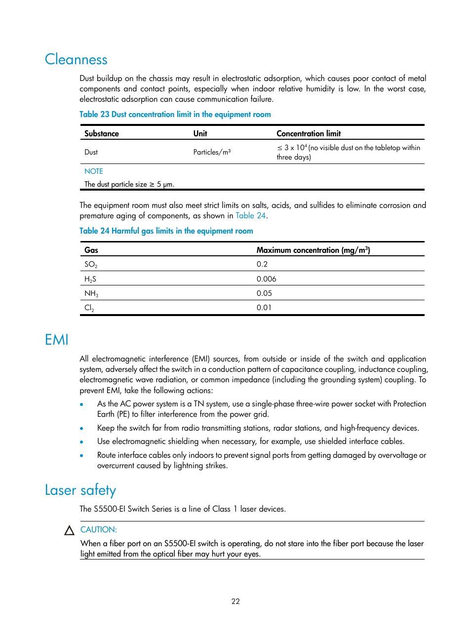 Cleanness, Laser safety | H3C Technologies H3C S5500 Series Switches User Manual | Page 30 / 69