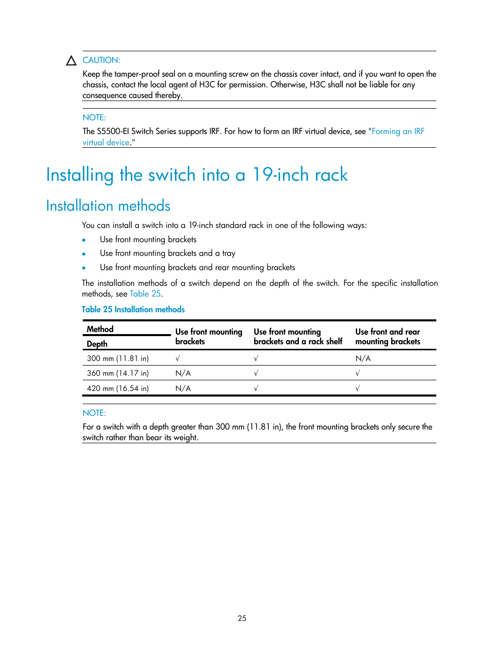 Installing the switch into a 19-inch rack, Installation methods | H3C Technologies H3C S5500 Series Switches User Manual | Page 33 / 69