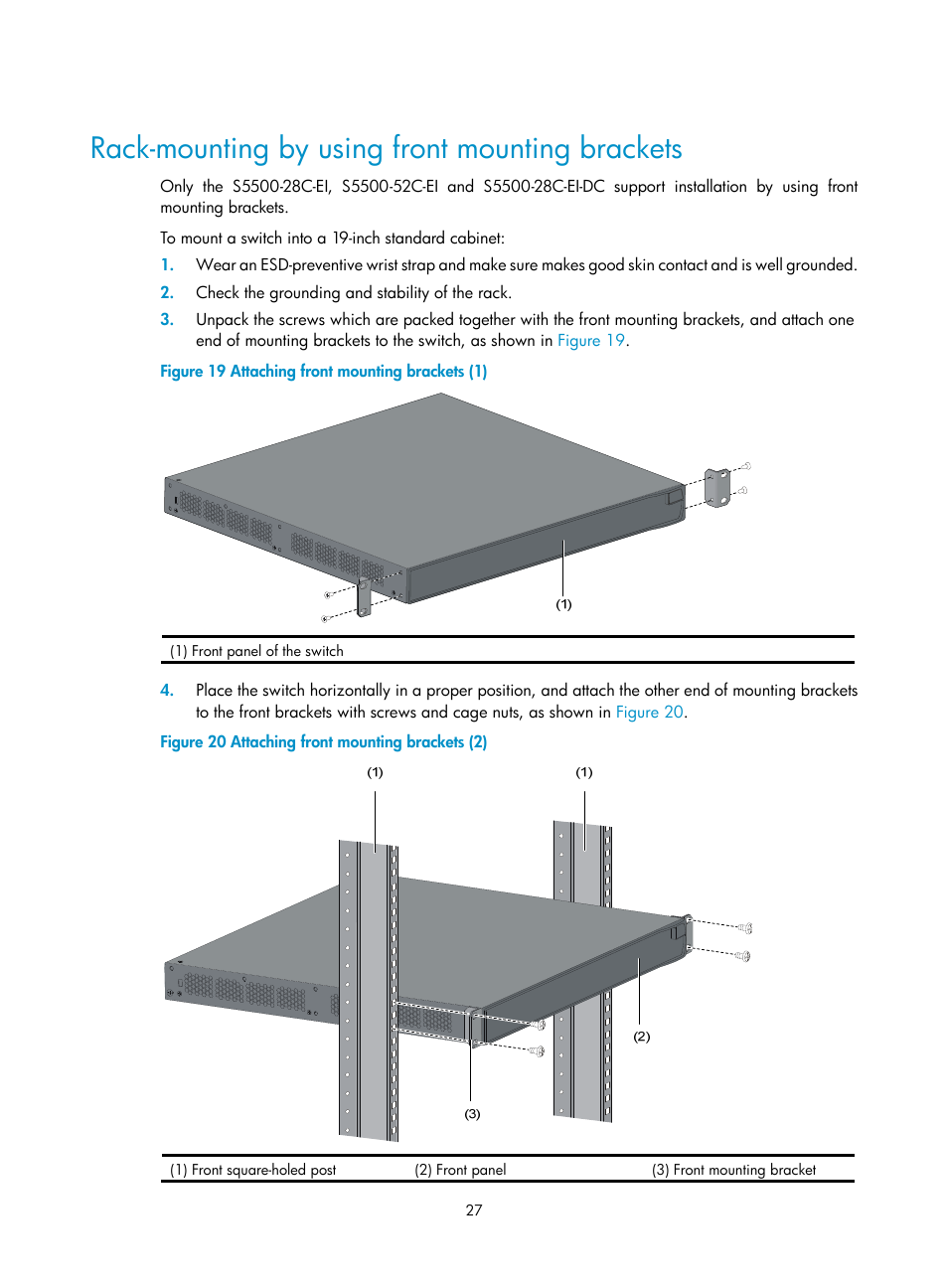 Rack-mounting by using front mounting brackets | H3C Technologies H3C S5500 Series Switches User Manual | Page 35 / 69