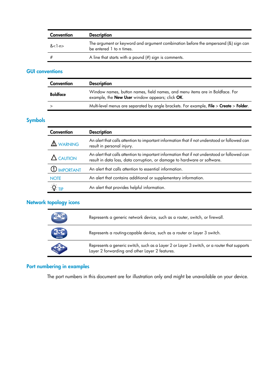 Gui conventions, Symbols, Network topology icons | Port numbering in examples | H3C Technologies H3C S5500 Series Switches User Manual | Page 4 / 69