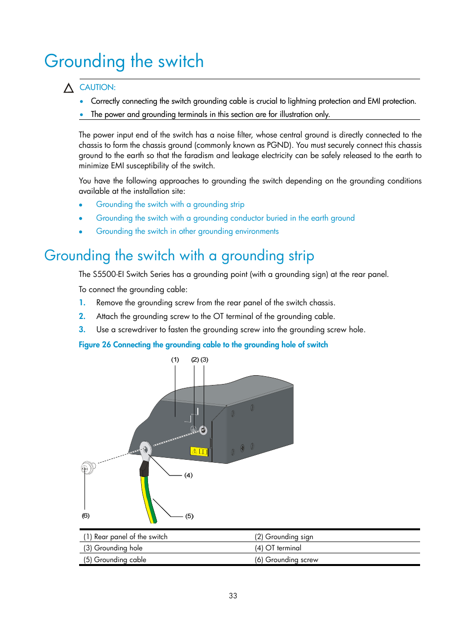 Grounding the switch, Grounding the switch with a grounding strip | H3C Technologies H3C S5500 Series Switches User Manual | Page 41 / 69