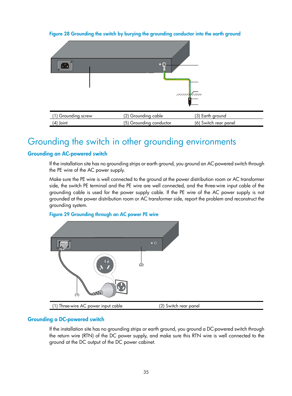Grounding an ac-powered switch, Grounding a dc-powered switch | H3C Technologies H3C S5500 Series Switches User Manual | Page 43 / 69