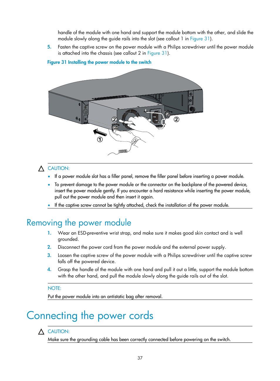 Removing the power module, Connecting the power cords | H3C Technologies H3C S5500 Series Switches User Manual | Page 45 / 69