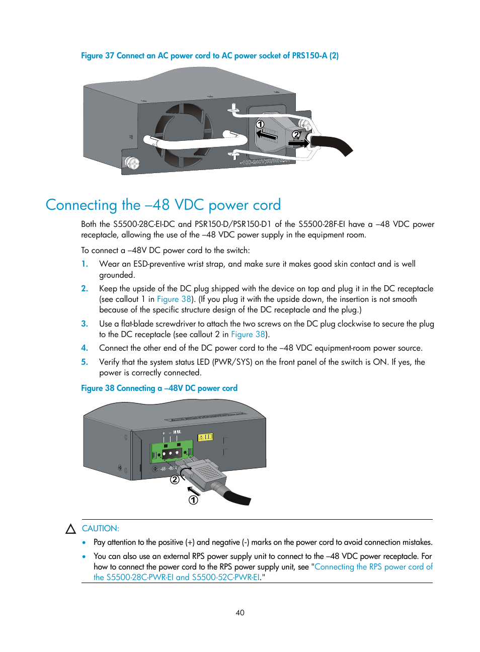 Connecting the –48 vdc power cord, Figure 37 | H3C Technologies H3C S5500 Series Switches User Manual | Page 48 / 69