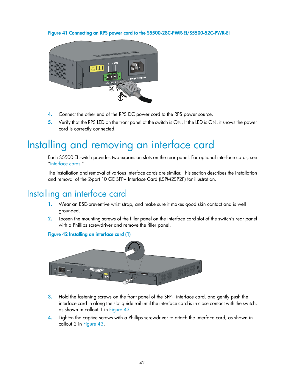 Installing and removing an interface card, Installing an interface card, Rface card, see | Installing and, Removing an interface card, Figure, Le (see callout 2 in, Figure 41 | H3C Technologies H3C S5500 Series Switches User Manual | Page 50 / 69