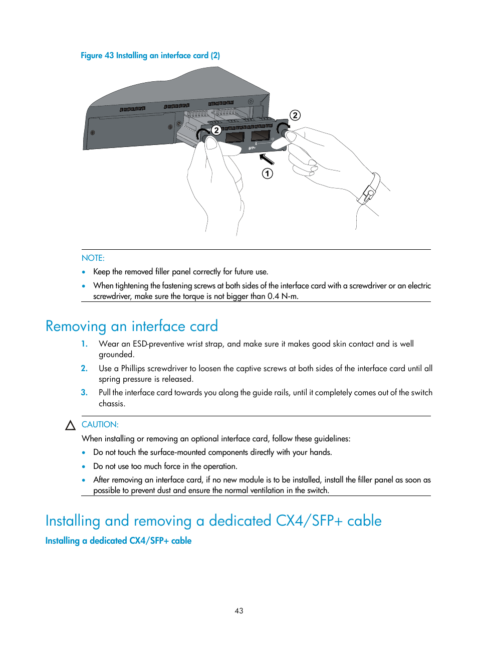 Removing an interface card, Installing and removing a dedicated cx4/sfp+ cable, Installing a dedicated cx4/sfp+ cable | Callout 1 in, Figure 43 | H3C Technologies H3C S5500 Series Switches User Manual | Page 51 / 69