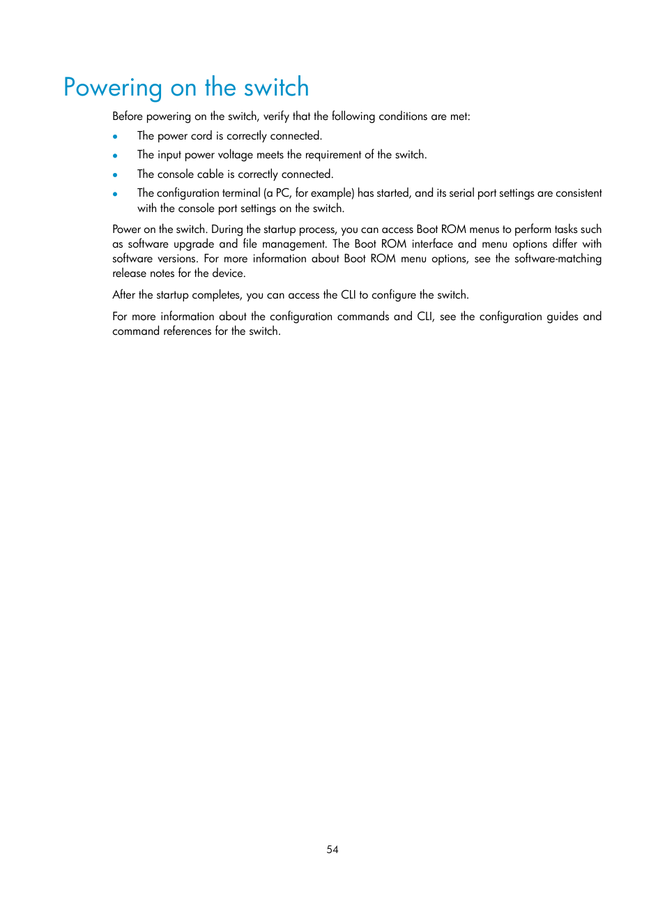 Powering on the switch | H3C Technologies H3C S5500 Series Switches User Manual | Page 62 / 69