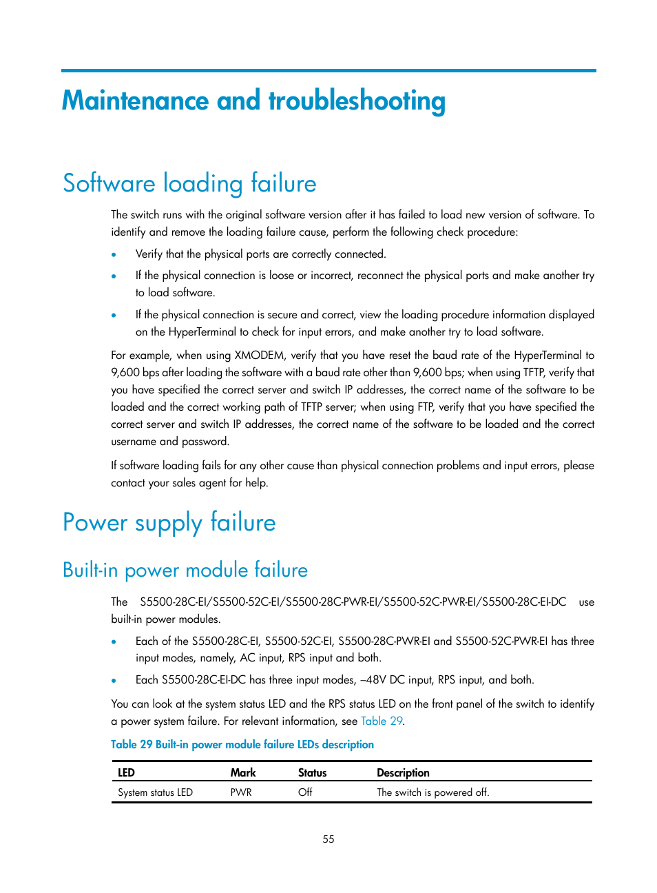 Maintenance and troubleshooting, Software loading failure, Power supply failure | Built-in power module failure | H3C Technologies H3C S5500 Series Switches User Manual | Page 63 / 69