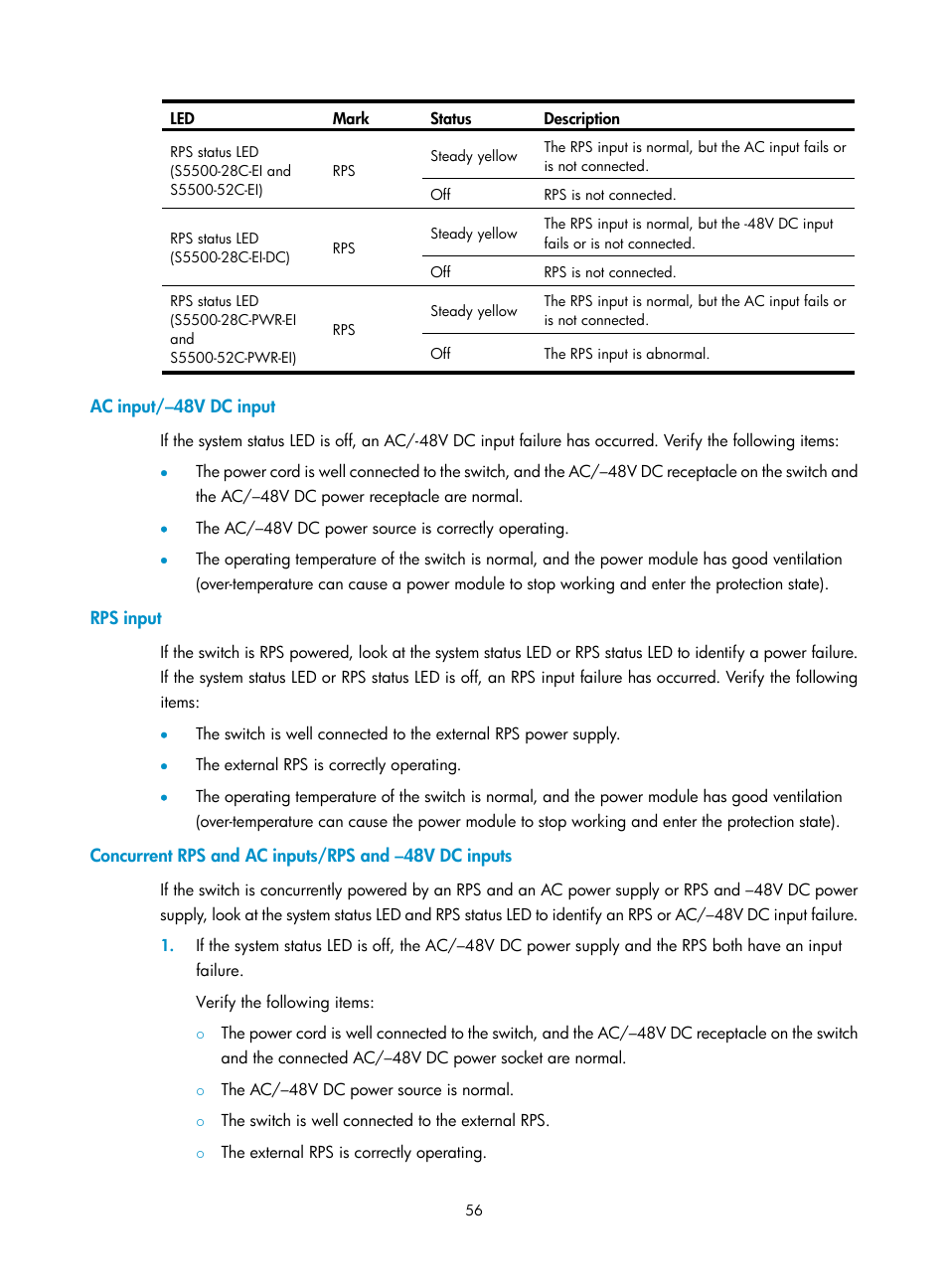 Ac input/–48v dc input, Rps input | H3C Technologies H3C S5500 Series Switches User Manual | Page 64 / 69