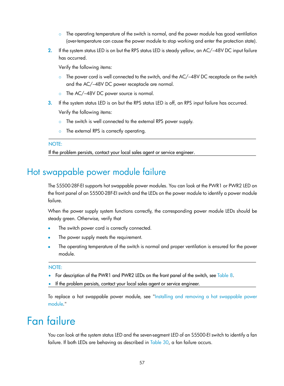 Hot swappable power module failure, Fan failure | H3C Technologies H3C S5500 Series Switches User Manual | Page 65 / 69