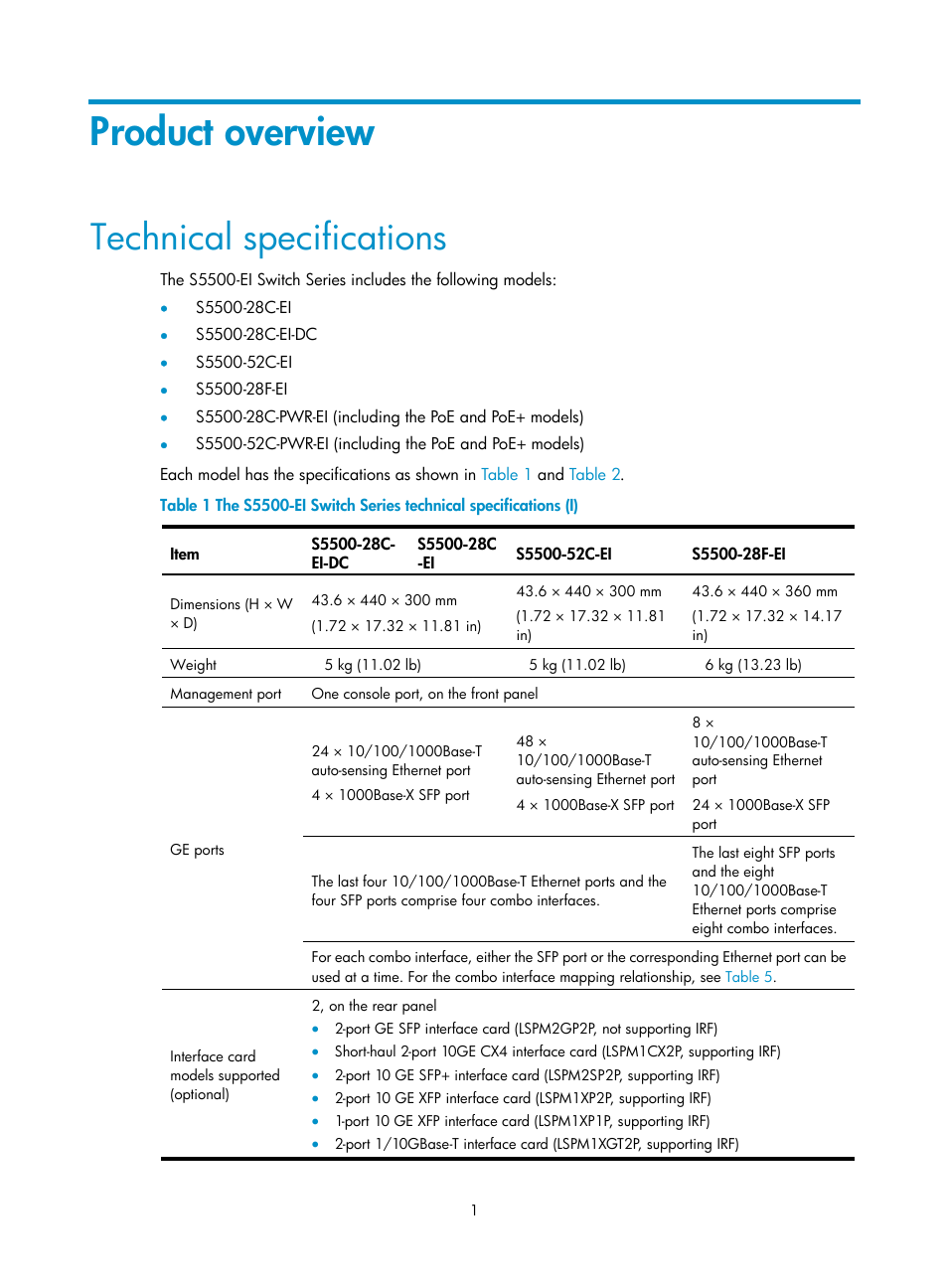 Product overview, Technical specifications | H3C Technologies H3C S5500 Series Switches User Manual | Page 9 / 69