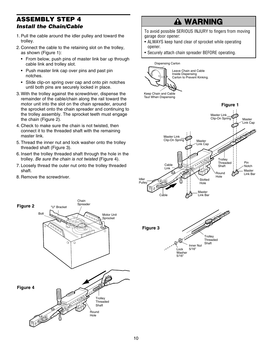 Install the chain/cable, Assembly step 4 | Chamberlain HD150DM 1/3 HP User Manual | Page 10 / 40