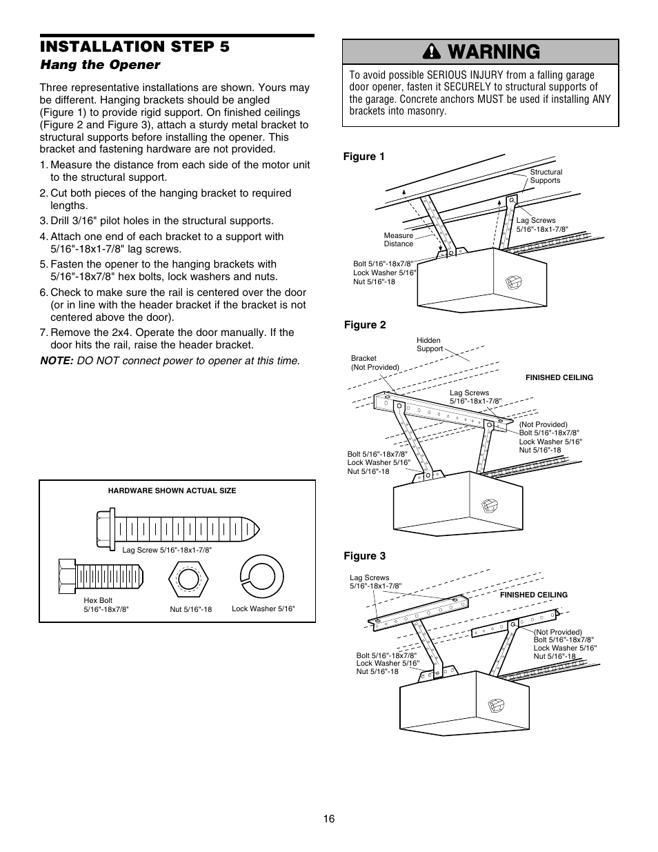 Hang the opener, Installation step 5 | Chamberlain HD150DM 1/3 HP User Manual | Page 16 / 40