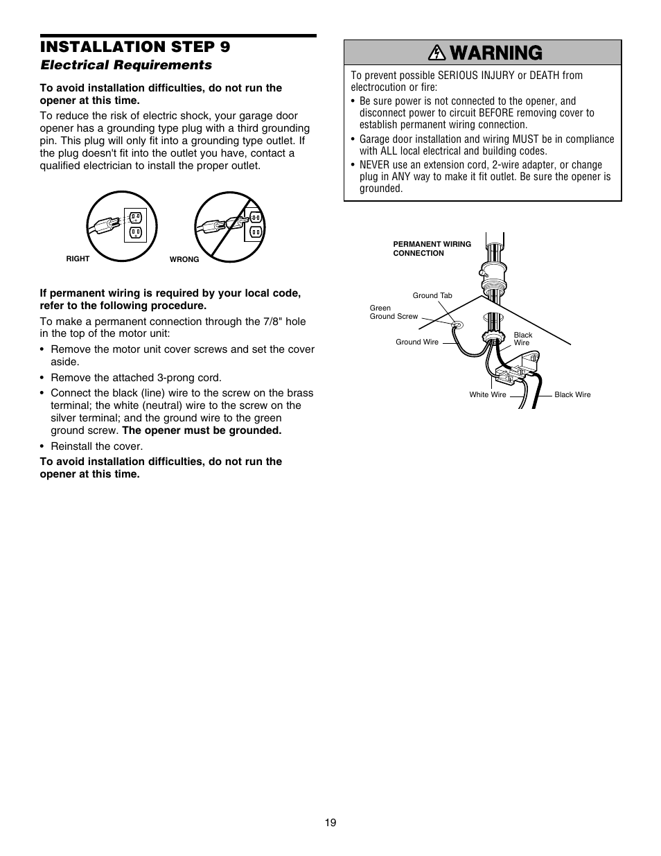 Electrical requirements, Installation step 9 | Chamberlain HD150DM 1/3 HP User Manual | Page 19 / 40