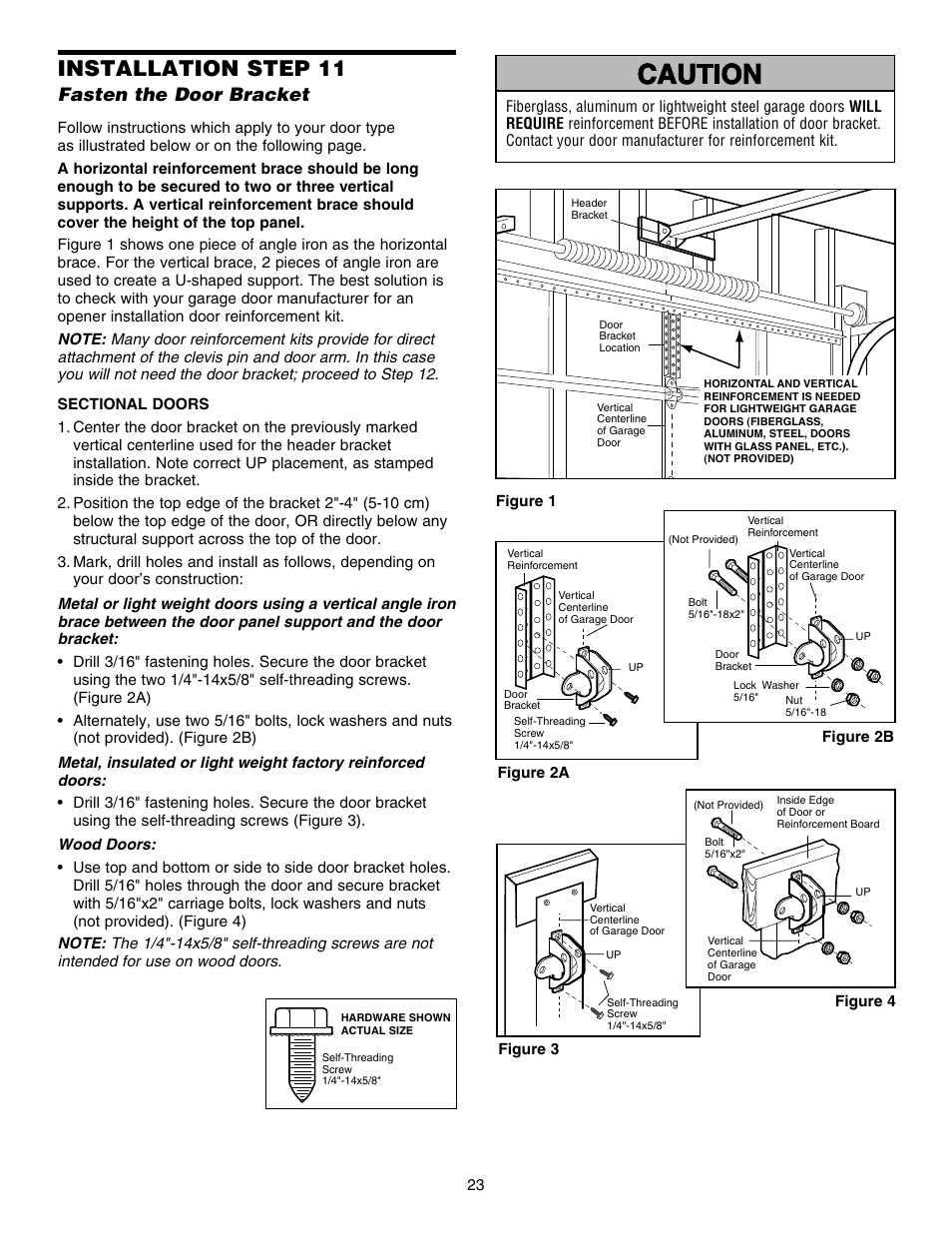 Fasten the door bracket, Installation step 11 | Chamberlain HD150DM 1/3 HP User Manual | Page 23 / 40