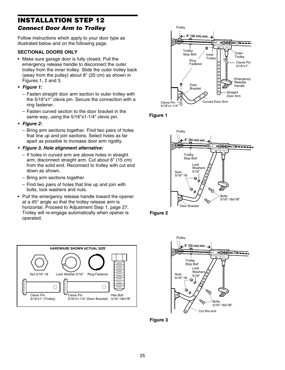 Connect door arm to trolley, Installation step 12 | Chamberlain HD150DM 1/3 HP User Manual | Page 25 / 40