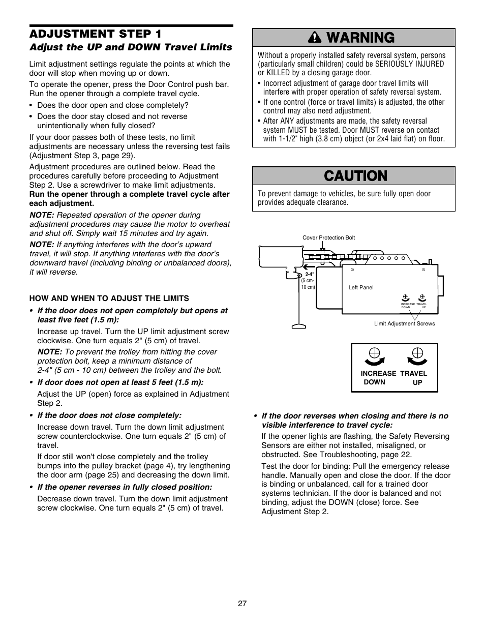 Adjustment, Adjust the up and down travel limits, Adjustment step 1 | Chamberlain HD150DM 1/3 HP User Manual | Page 27 / 40