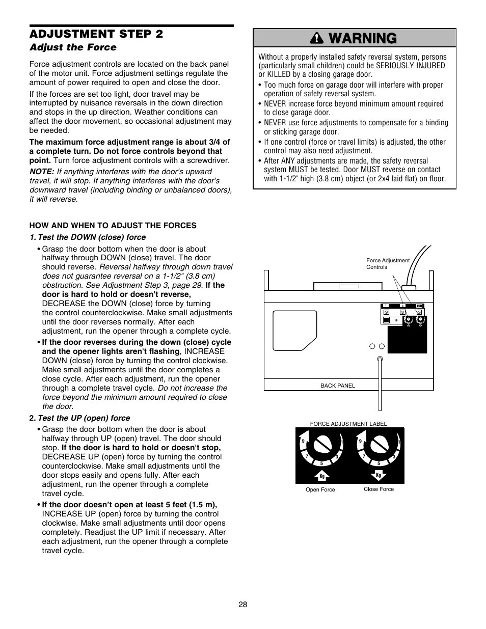 Adjust the force, Adjustment step 2 | Chamberlain HD150DM 1/3 HP User Manual | Page 28 / 40