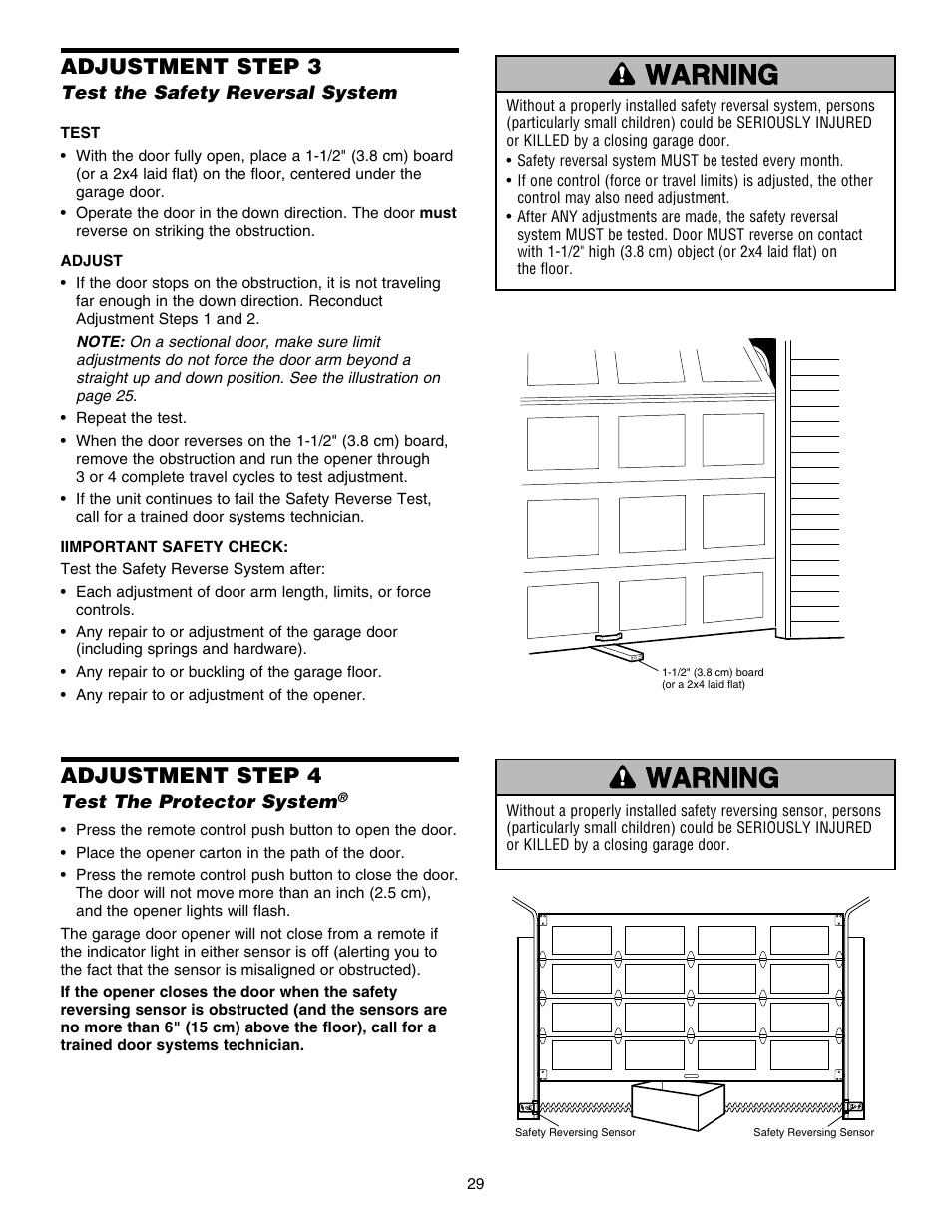 Test the safety reversal system, Test the protector system, Adjustment step 3 | Adjustment step 4 | Chamberlain HD150DM 1/3 HP User Manual | Page 29 / 40