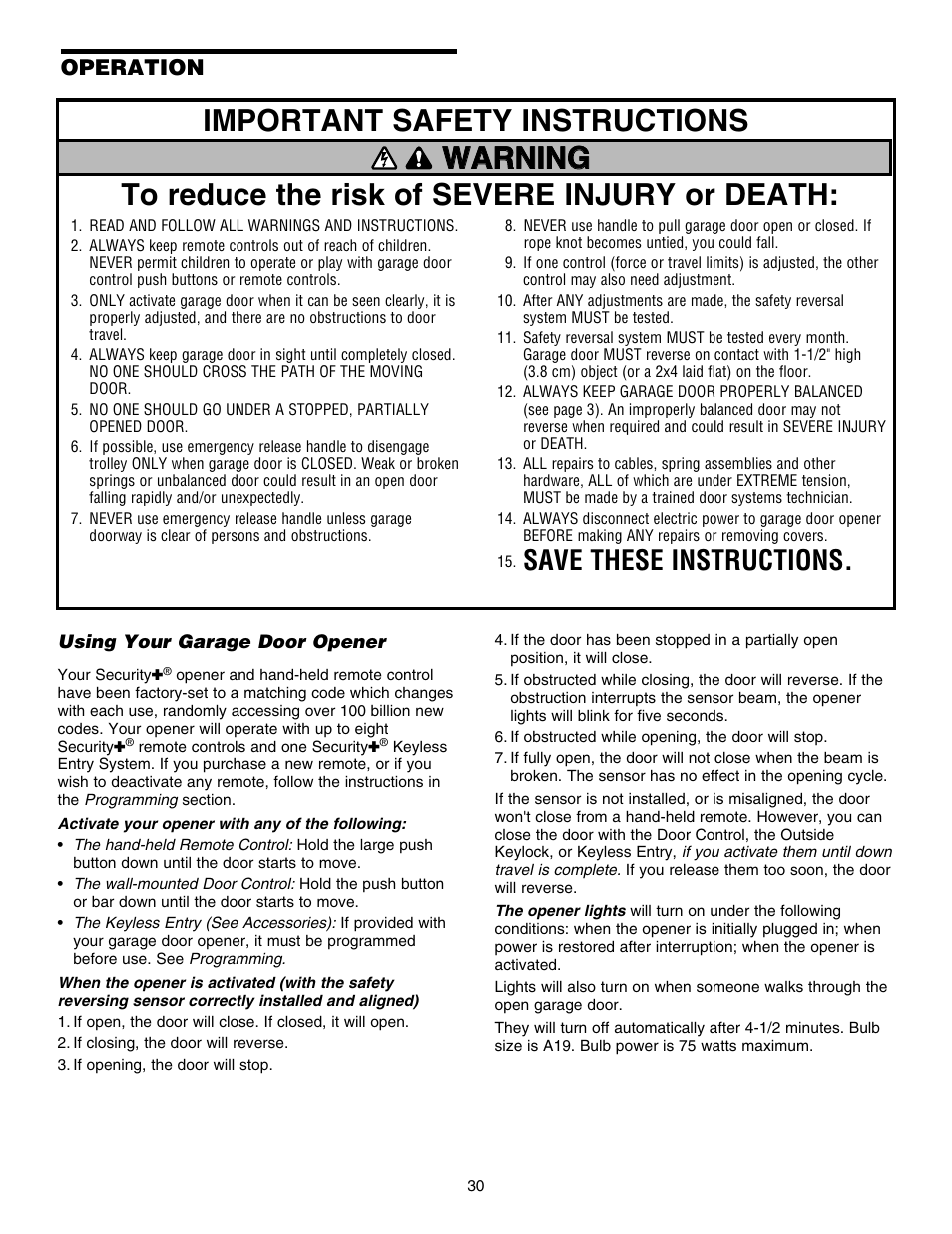 Operation, Using your garage door opener, Save these instructions | Chamberlain HD150DM 1/3 HP User Manual | Page 30 / 40