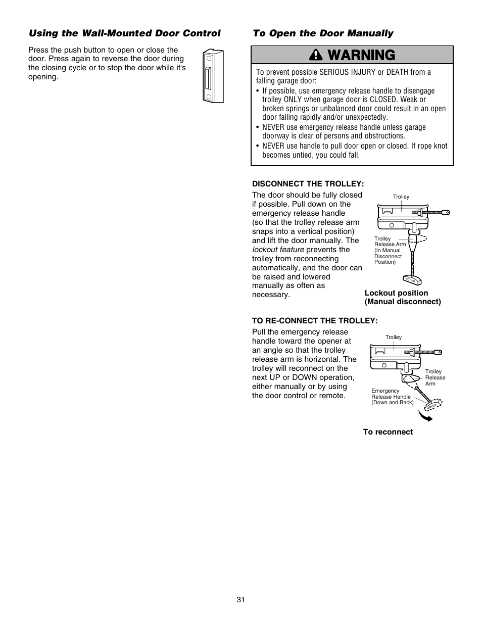 Using the wall-mounted door control, To open the door manually | Chamberlain HD150DM 1/3 HP User Manual | Page 31 / 40