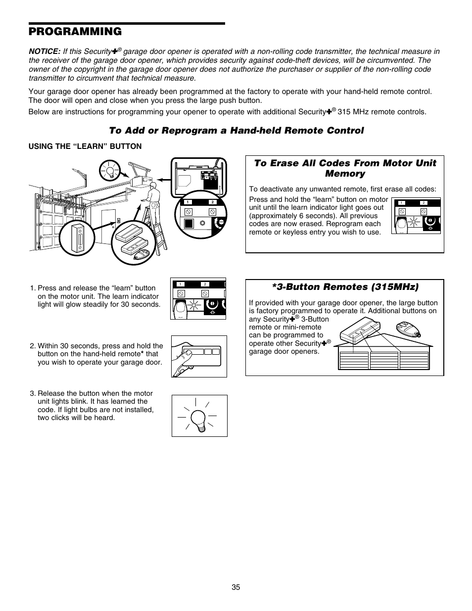 Programming, To add or reprogram a hand-held remote control, To erase all codes from motor unitmemory | Button remotes (315mhz) | Chamberlain HD150DM 1/3 HP User Manual | Page 35 / 40