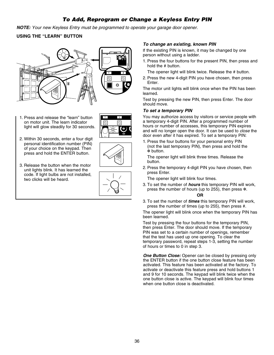 To add, reprogram or change a keyless entry pin | Chamberlain HD150DM 1/3 HP User Manual | Page 36 / 40