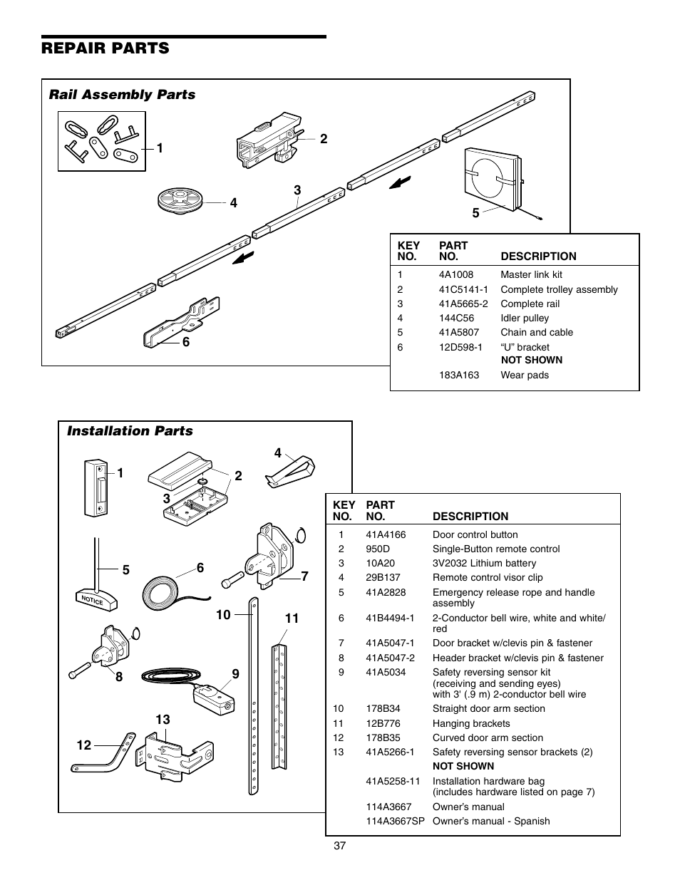 Repair parts, Rail assembly parts, Installation parts | Chamberlain HD150DM 1/3 HP User Manual | Page 37 / 40