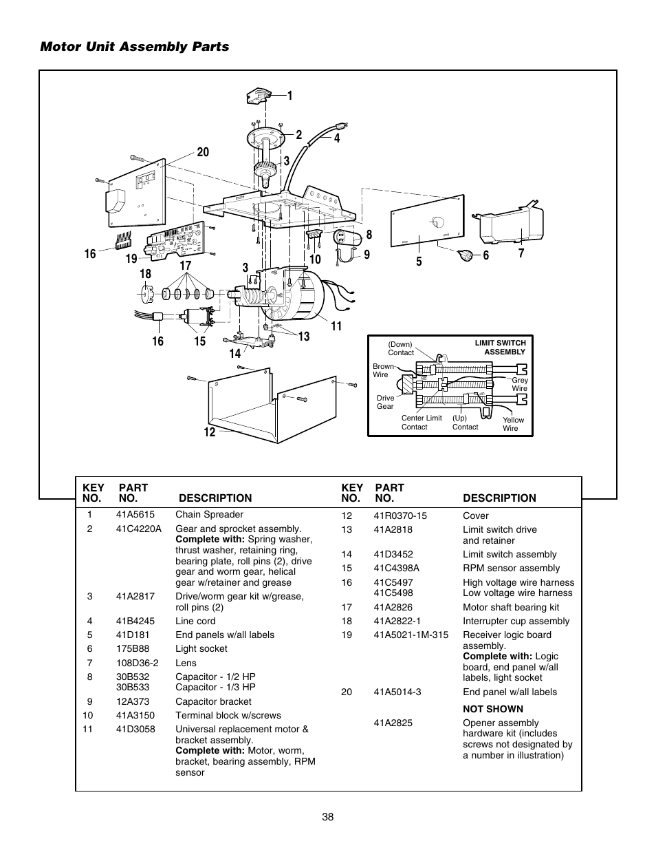 Motor unit assembly parts | Chamberlain HD150DM 1/3 HP User Manual | Page 38 / 40