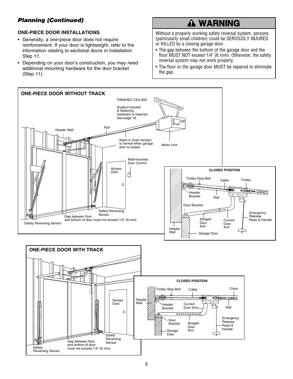 Planning (continued), One-piece door without track | Chamberlain HD150DM 1/3 HP User Manual | Page 5 / 40