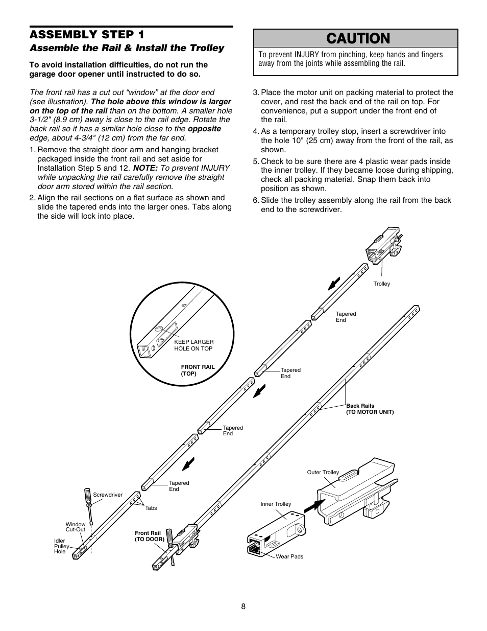 Assembly, Assemble the rail & install the trolley, Assembly step 1 | Chamberlain HD150DM 1/3 HP User Manual | Page 8 / 40