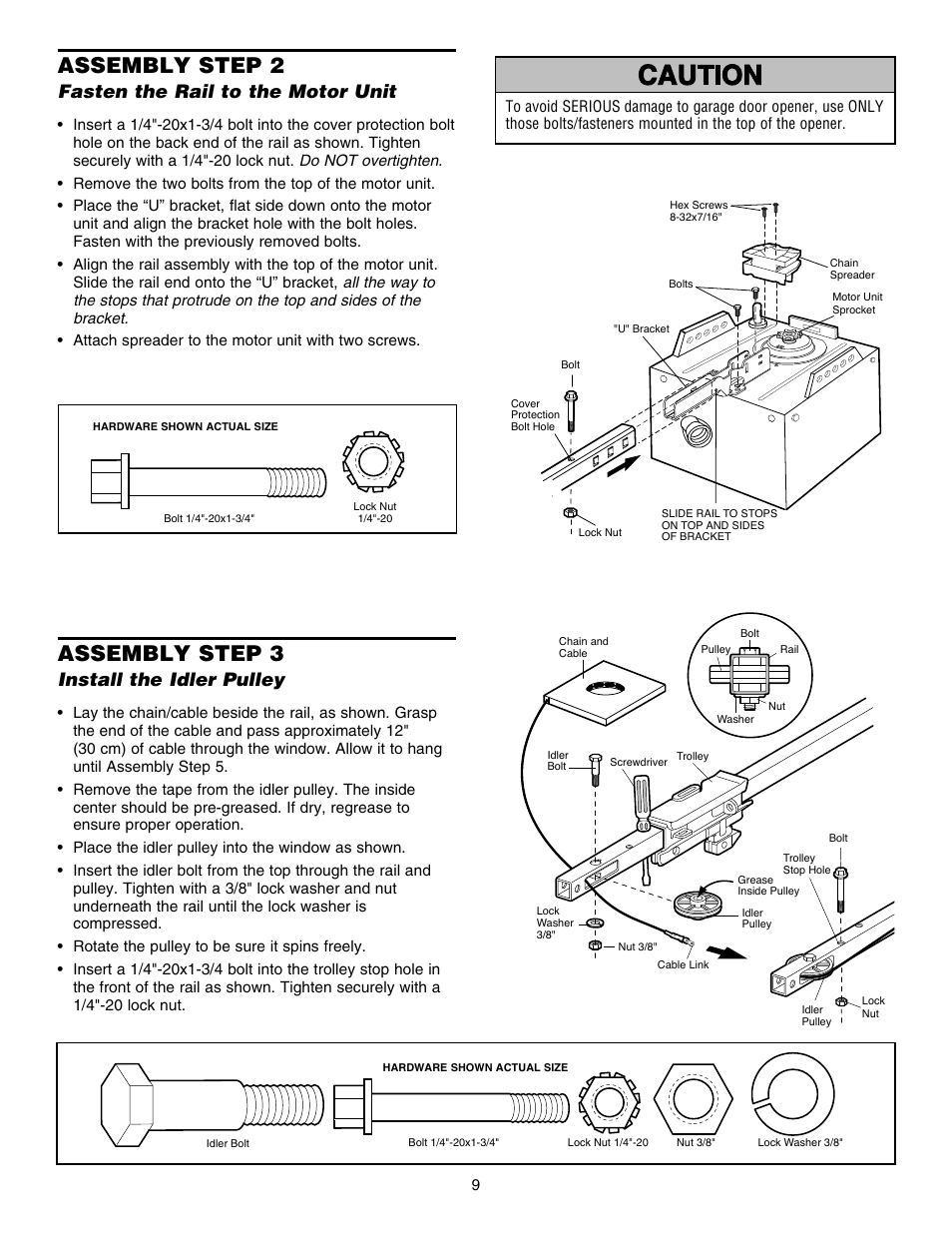 Fasten the rail to the motor unit, Install the idler pulley, Assembly step 2 | Assembly step 3 | Chamberlain HD150DM 1/3 HP User Manual | Page 9 / 40