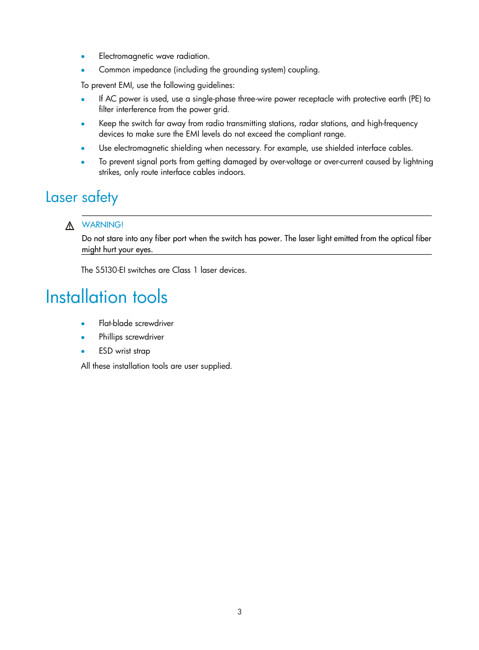 Laser safety, Installation tools | H3C Technologies H3C S5130 Series Switches User Manual | Page 10 / 65
