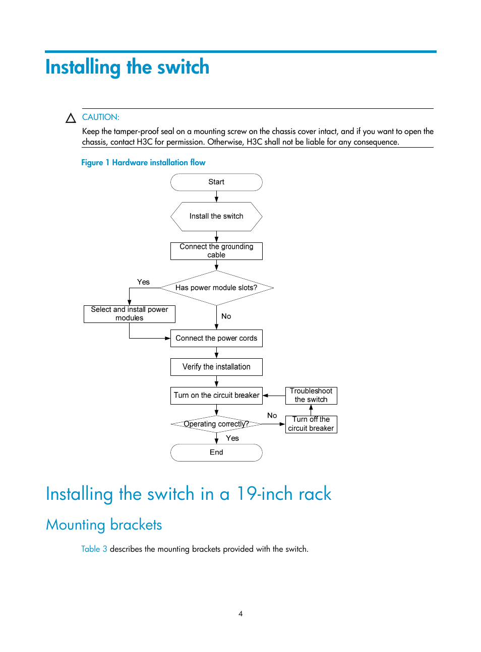 Installing the switch, Installing the switch in a 19-inch rack, Mounting brackets | H3C Technologies H3C S5130 Series Switches User Manual | Page 11 / 65