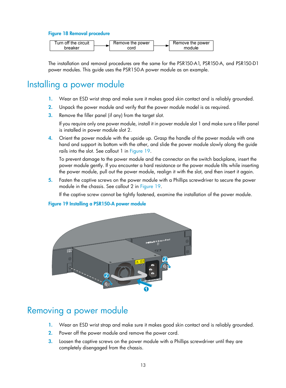 Installing a power module, Removing a power module | H3C Technologies H3C S5130 Series Switches User Manual | Page 20 / 65