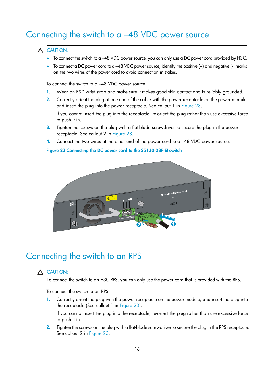 Connecting the switch to a –48 vdc power source, Connecting the switch to an rps | H3C Technologies H3C S5130 Series Switches User Manual | Page 23 / 65