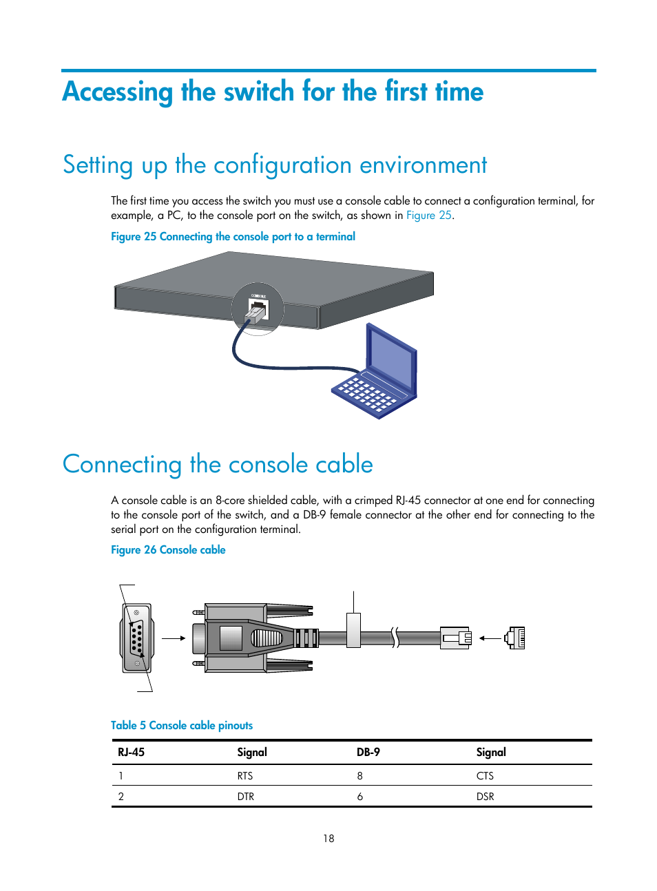 Accessing the switch for the first time, Setting up the configuration environment, Connecting the console cable | H3C Technologies H3C S5130 Series Switches User Manual | Page 25 / 65