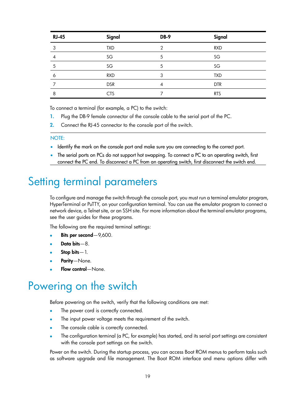 Setting terminal parameters, Powering on the switch | H3C Technologies H3C S5130 Series Switches User Manual | Page 26 / 65