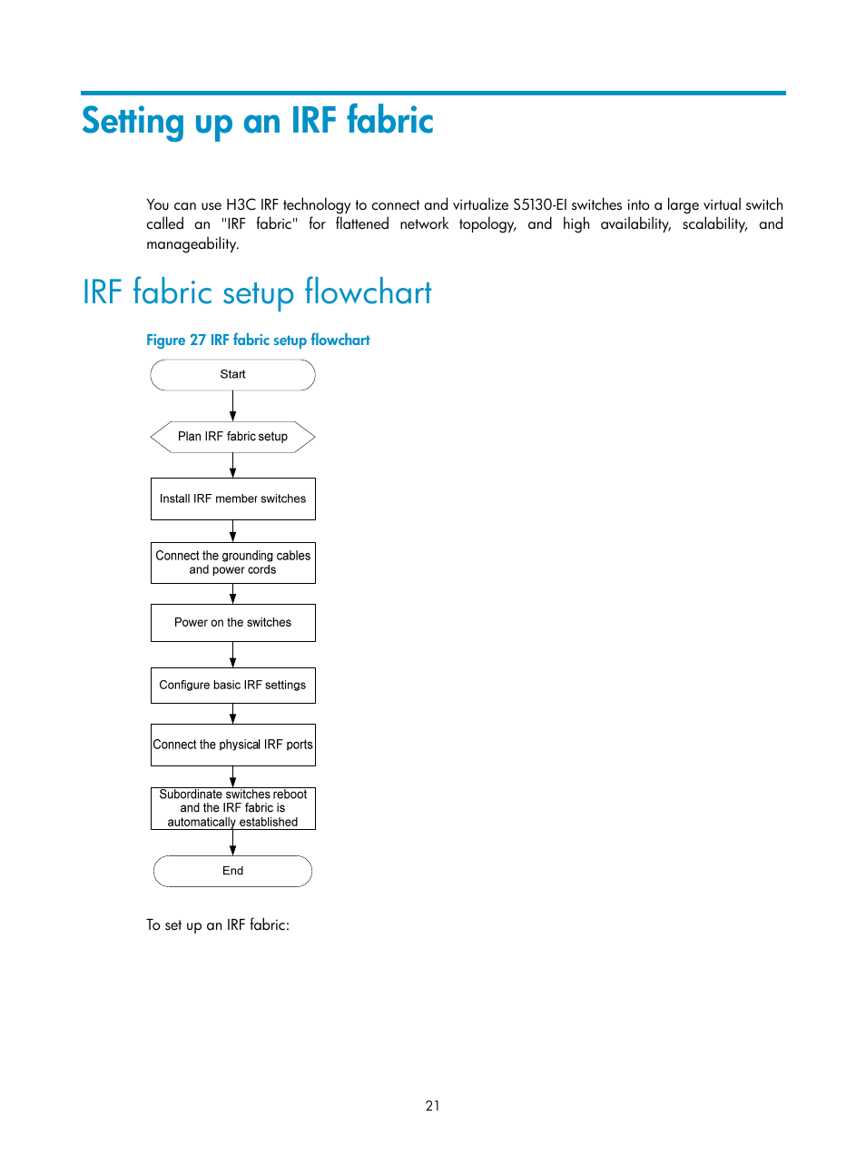 Setting up an irf fabric, Irf fabric setup flowchart | H3C Technologies H3C S5130 Series Switches User Manual | Page 28 / 65