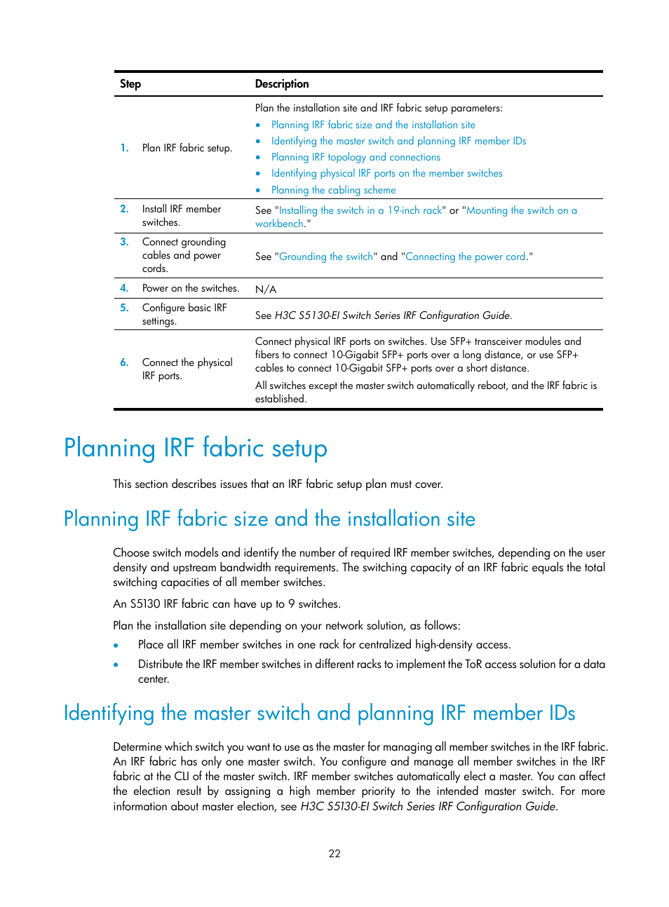 Planning irf fabric setup, Planning irf fabric size and the installation site | H3C Technologies H3C S5130 Series Switches User Manual | Page 29 / 65