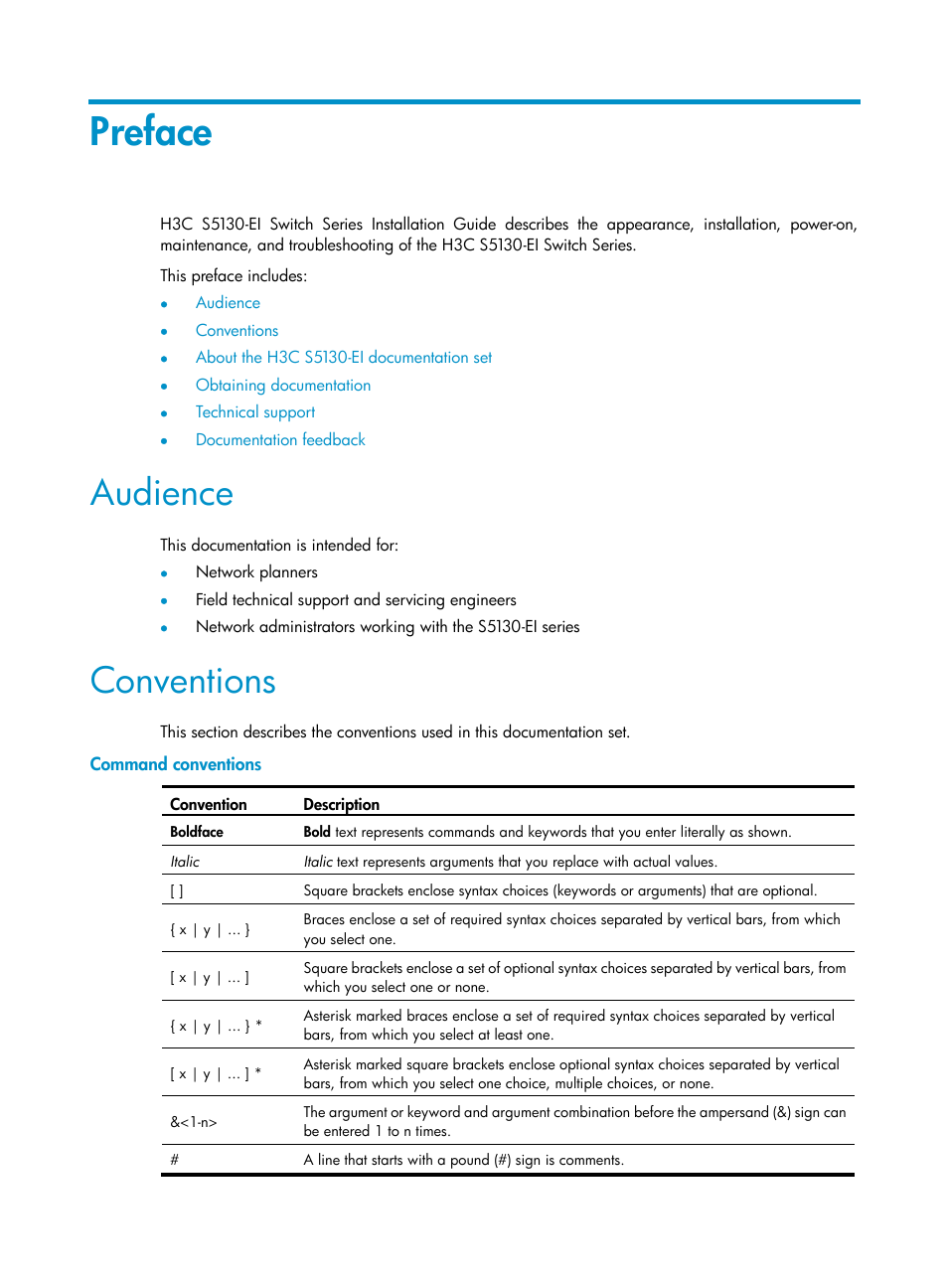 Preface, Audience, Conventions | Command conventions | H3C Technologies H3C S5130 Series Switches User Manual | Page 3 / 65