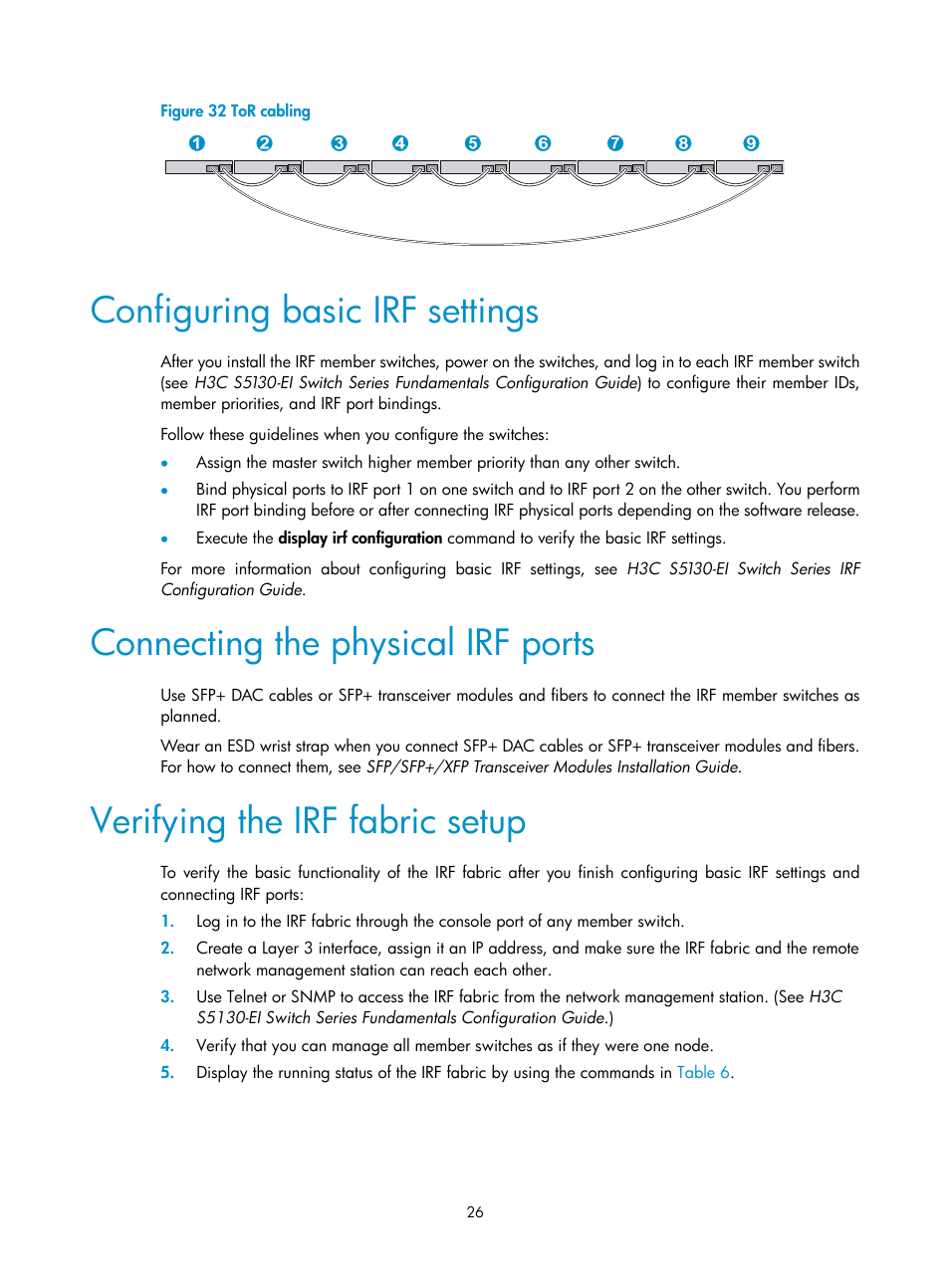 Configuring basic irf settings, Connecting the physical irf ports, Verifying the irf fabric setup | H3C Technologies H3C S5130 Series Switches User Manual | Page 33 / 65